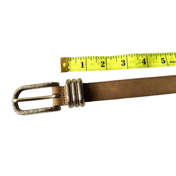 Rare Brighton Tan Leather Belt Engraved Buckle Size M B72 - Picture 2 of 6